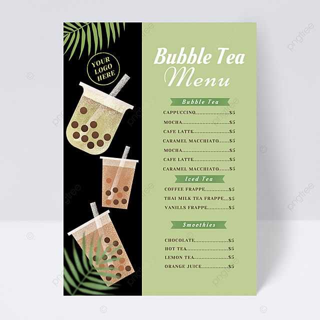 a menu for bubble tea with two drinks on the side and palm leaves around it