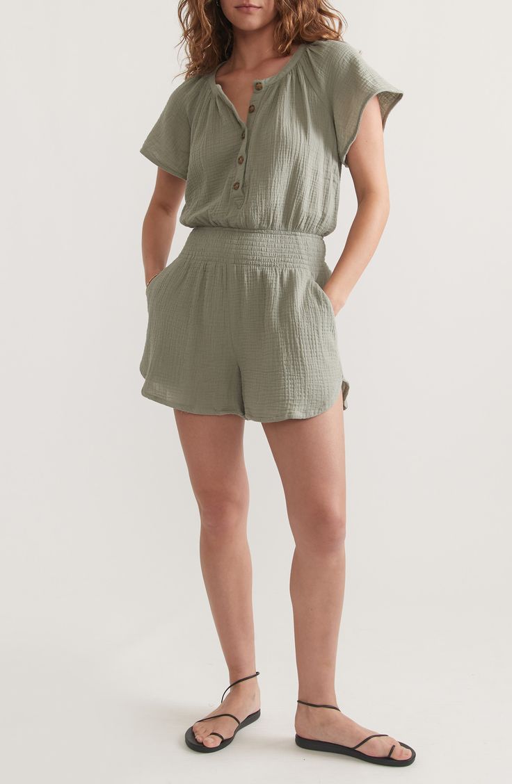 Gauzy, lightweight double-cloth cotton lends breezy style to this short-sleeve romper shaped by smocking at the waist. Button half placket Band collar Short sleeves Front slant pockets Smocked waist 100% cotton Hand wash, dry flat Imported Summer Cotton Jumpsuits And Rompers With Short Sleeves, Summer Short Sleeve Relaxed Fit Jumpsuits And Rompers, Summer Daywear Short Sleeve Jumpsuits And Rompers, Summer Daywear Jumpsuits And Rompers With Short Sleeves, Summer Jumpsuits And Rompers With Short Sleeves Relaxed Fit, Summer Short Sleeve Jumpsuits And Rompers For Daywear, Summer Cotton Jumpsuits And Rompers With Elastic Waistband, Short Sleeve Cotton Jumpsuits And Rompers For The Beach, Spring Daywear Short Sleeve Jumpsuits And Rompers