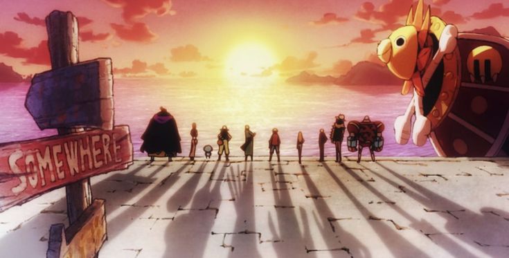 an anime scene with people standing in front of the ocean and a sign that says save where