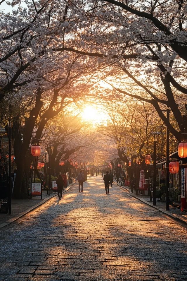 people walking down the street in front of cherry blossom trees at sunset, with the sun peeking through the branches