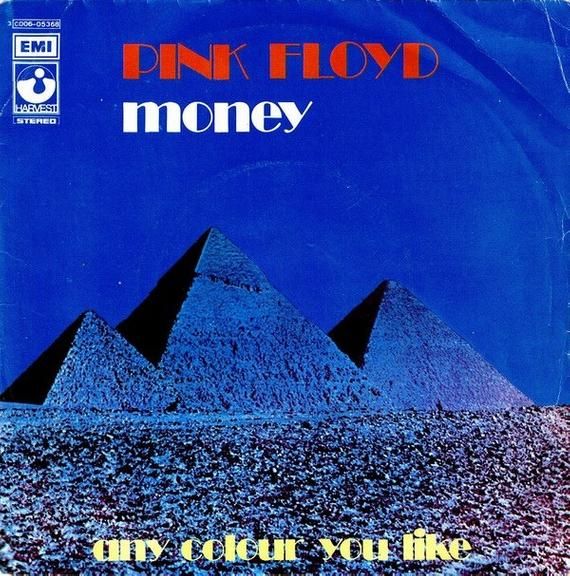 pink floyd's album cover for money, with three pyramids in the background