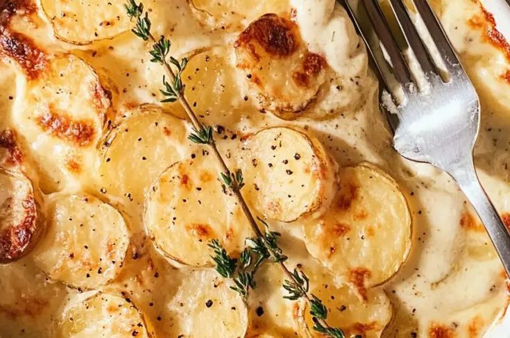 a white plate topped with potatoes covered in gravy next to a fork and knife