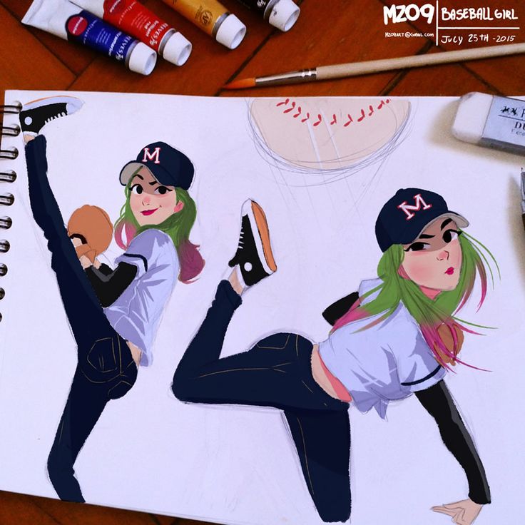 a drawing of two girls in baseball uniforms