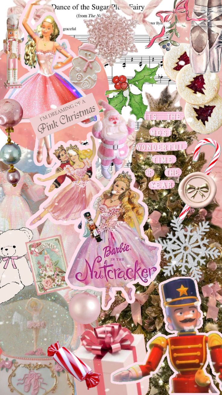 a collage of pink and white christmas decorations, snowflakes, nutcrackers