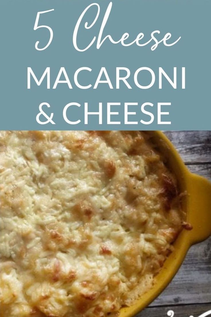 macaroni and cheese in a yellow casserole dish with text overlay