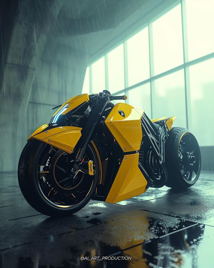 a yellow motorcycle parked in front of a large window