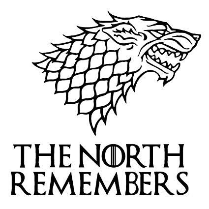 the north remembers logo with a black and white image of a wolf's head