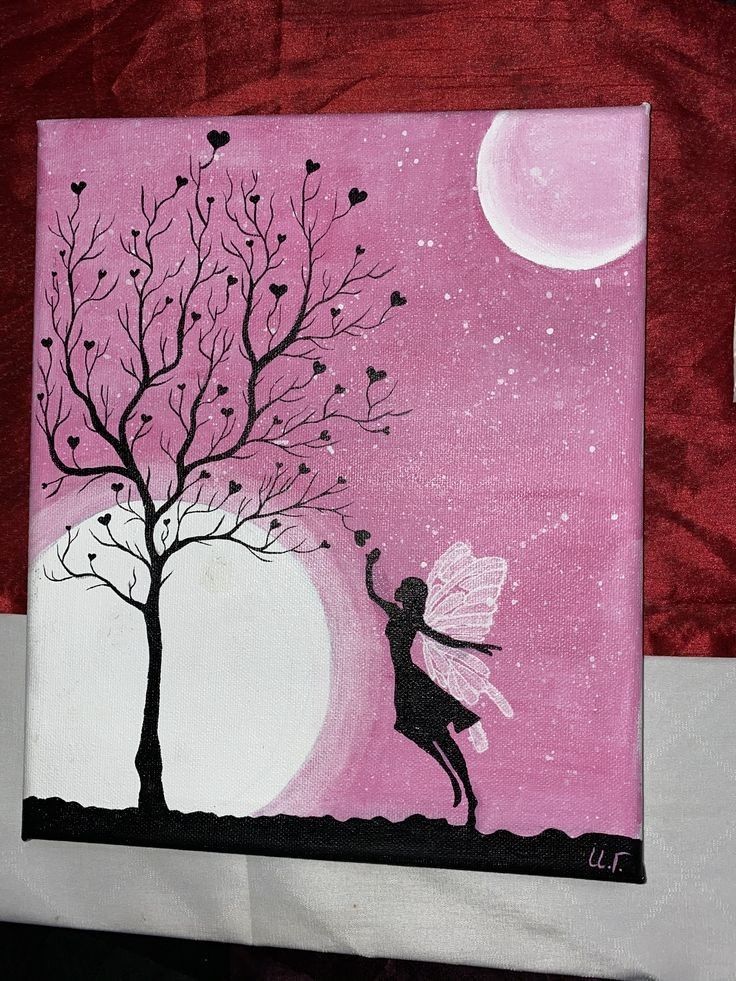 a painting of a fairy on a pink background with a tree and the moon in the sky