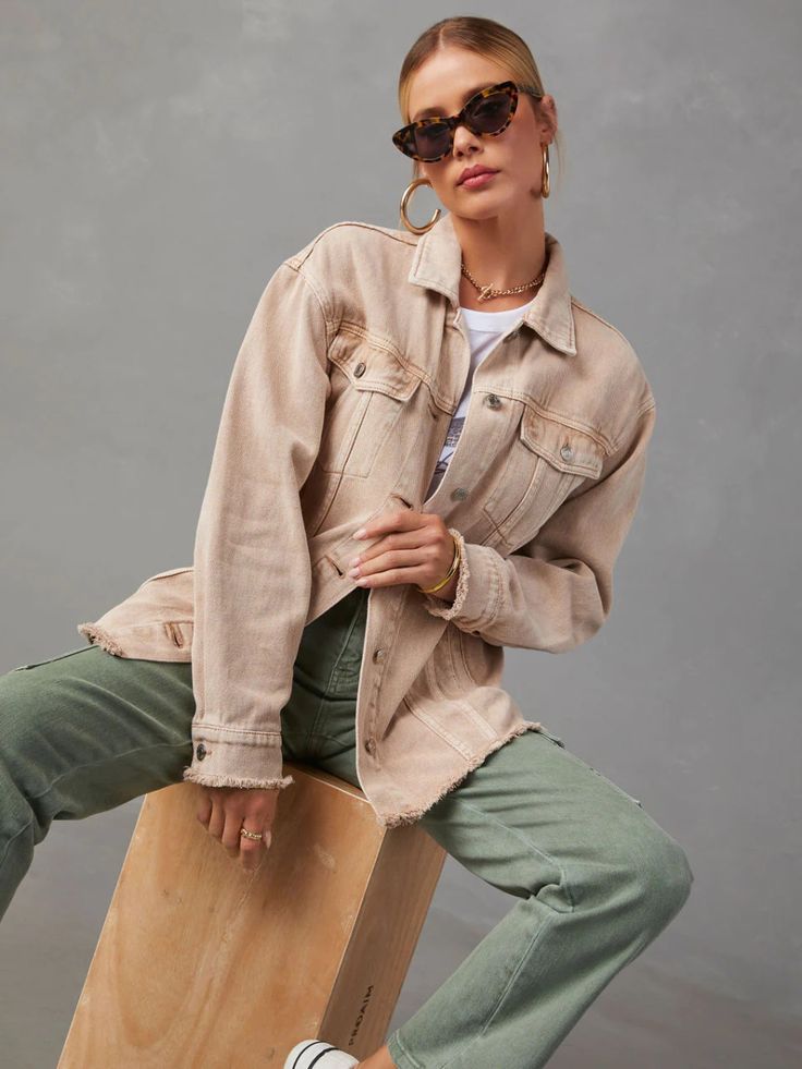 Your style game ain't no joke! Stand out in this Midland Oversized Frayed Denim Jacket in classic beige solid tone. Its effortless and oversized fit means you'll be the talk of the town, while the frayed details add a subtle touch of edginess! Get ready to be the envy of all your friends! Size Guide: Model is 5’7” tall, and has a 32.5” bust, 25.6” waist, & 34.8” hips. She is wearing a S / US 4 / AU 8. This jacket is true to size. Material: 100% cotton. Feature: Denim Fabrication. Collard. Long S Frayed Denim Jacket, Crochet Knit Top, Latest Sandal, Talk Of The Town, Frayed Denim, Oversized Denim Jacket, The Talk, Relaxed Style, Distressed Denim