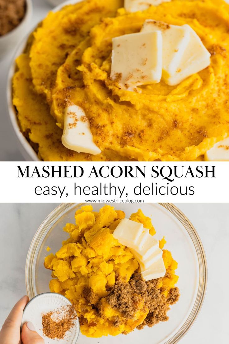 mashed acorn, squash and butter in bowls with text overlay that reads mashed acorn squash easy, healthy, delicious