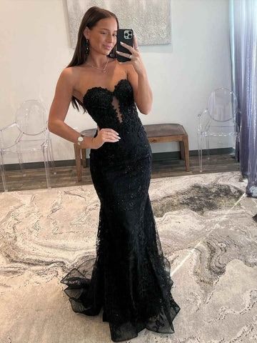 ⚡MyChicDress - Makes you the center of attention! Black Lace Evening Dress, Long Black Evening Dress, Black Lace Prom Dress, Mermaid Prom Dresses Lace, Mermaid Sweetheart, Prom Dresses Long Mermaid, Strapless Prom Dresses, Sweetheart Prom Dress, Lace Prom Dress