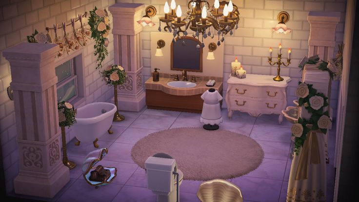 the bathroom is decorated in pastel colors and gold accents, including chandeliers