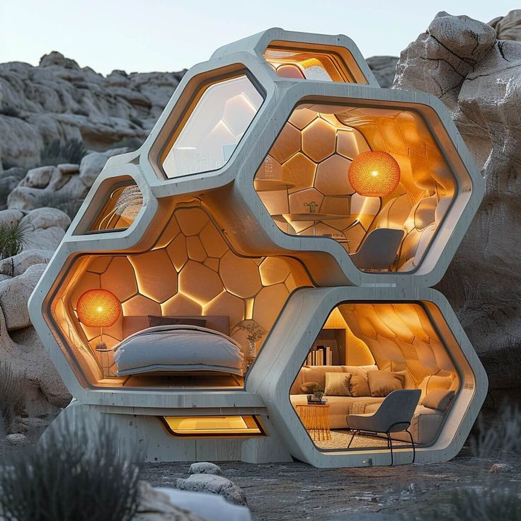 an unusual bed in the shape of a honeycomb