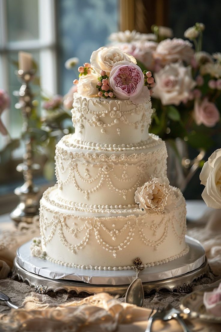 a three tiered wedding cake sitting on top of a table next to some flowers