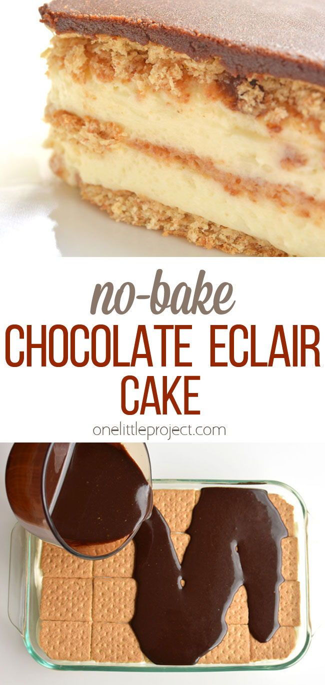 no - bake chocolate eclair cake with text overlay