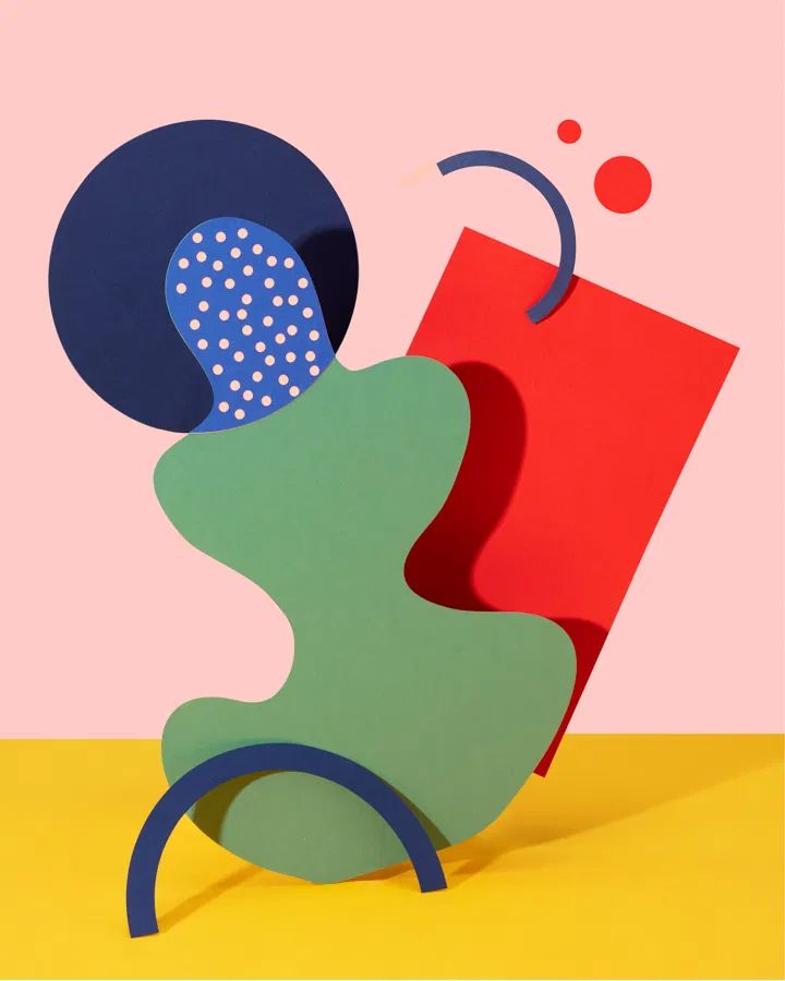 an abstract painting with circles, dots and shapes on it's sides in blue, green, red, and pink