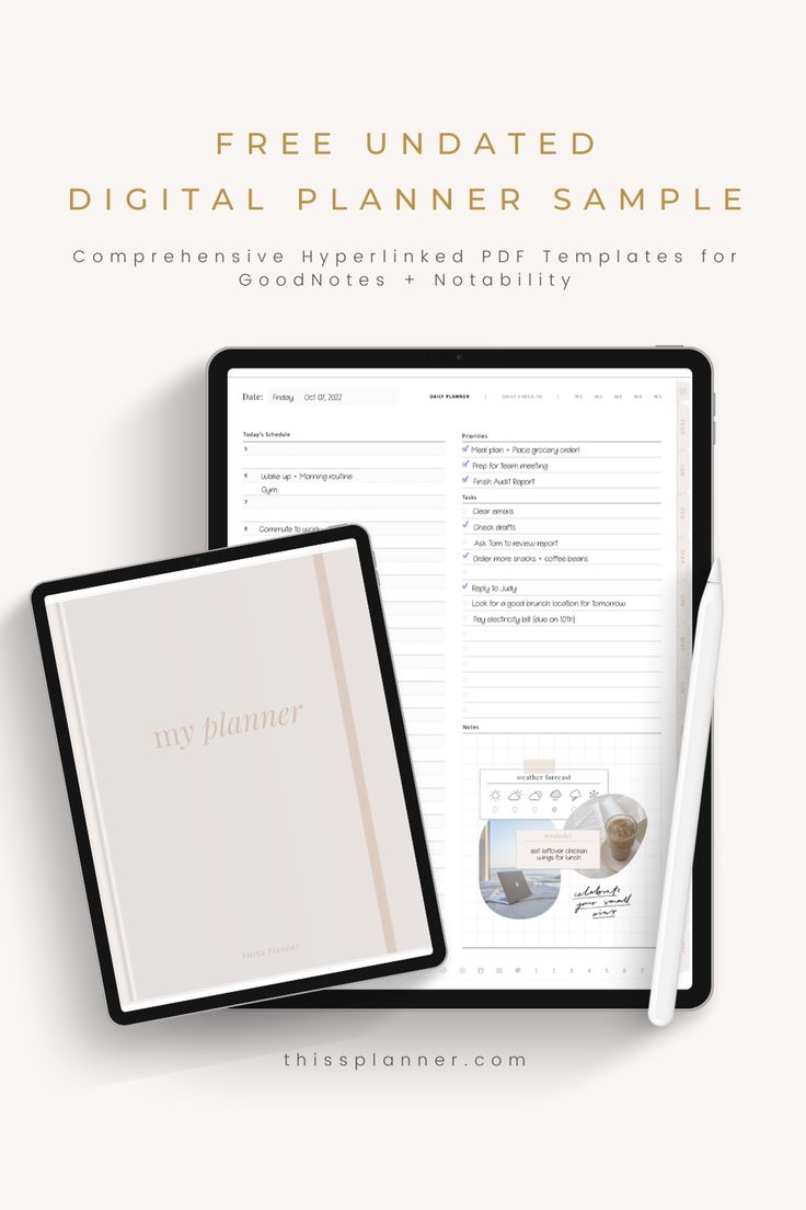 a digital planner and pen sitting on top of a tablet with the text free updated digital planner sample