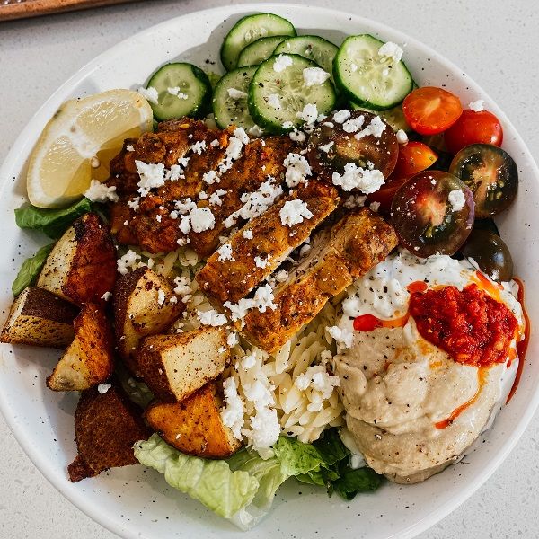 a white plate topped with lots of food