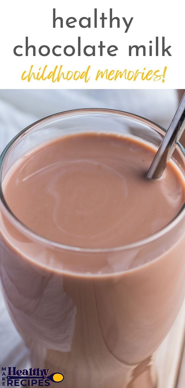 chocolate milkshake in a glass with a spoon on top and text overlay that reads healthy chocolate milkshake