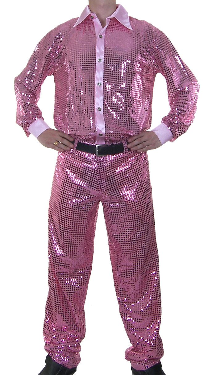 a man in pink disco suit standing with his hands on his hips