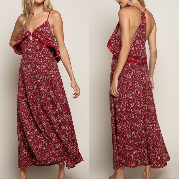 Brand New, Boutique Item. Featuring Red Basse With Ivory And Navy Floral Print. Designed In A Maxi Relaxed Fit With Float Ruffle Detail On Bust And Back With Lace Trim Sewn On Edge, Low V Neckline With Adjustable Straps, Finished With Zipper Closure On Back. Shell: 100% Rayon. Lining: 100% Cotton. Fast Shipper, Same/Next Day Shipping. Bundle To Save On Trendy Dress Top Cardigan Sweater Jacket Pants Rompers Lounge Set Jewelries Accessories Swimwear Bikini And More! Red Bohemian Midi Dress With Ruffles, Red Bohemian Maxi Dress With Ruffles, Rayon Ruffled Sundress, Red Ruffled Maxi Dress For Vacation, Red Ruffled Maxi Dress For Brunch, Red V-neck Sundress With Ruffles, Red Maxi Dress With Ruffles For Brunch, Red Ruffle Hem Maxi Dress For Vacation, Red V-neck Maxi Dress With Ruffle Hem