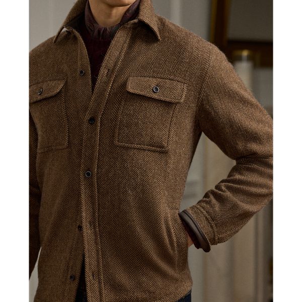 This Italian-crafted shirt unites a silhouette inspired by vintage utilitarian garments with a wool-and-cashmere blend that was custom-woven by Magee 1866 in Ireland. Brown Shirt With Casual Collar For Fall, Brown Casual Collar Shirt For Fall, Winter Brown Shirt With Buttons, Classic Wool Tops For Fall, Brown Lapel Collar Top For Winter, Brown Camp Collar Tops For Fall, Collared Wool Tops For Winter, Winter Tops With Welt Pockets And Spread Collar, Classic Spread Collar Tops For Fall