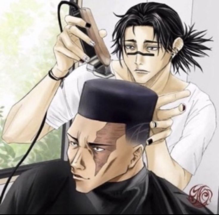 two anime guys are getting their hair done