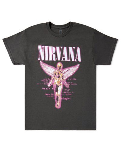 a black nirvana t - shirt with the words nirvana on it