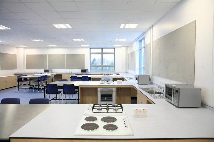 an empty classroom with desks, stove and microwave on the counter in front of it