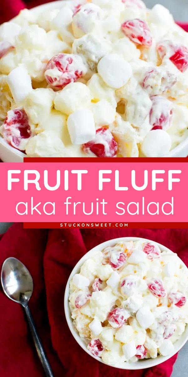 Learn how to make the best fruit fluff and impress everyone with your set of summer salads for bbq! This easy fruit salad recipe is made with canned fruit mixed together with instant pudding, whipped topping, and mini marshmallows. So yum! Summer Salads For Bbq, Fruit Fluff, Marshmallow Salad, Fruit Delight, Dessert Salad Recipes, Fruit Salad With Pudding, Fruit Salad With Marshmallows, Fluff Salad Recipes, Thanksgiving Fruit