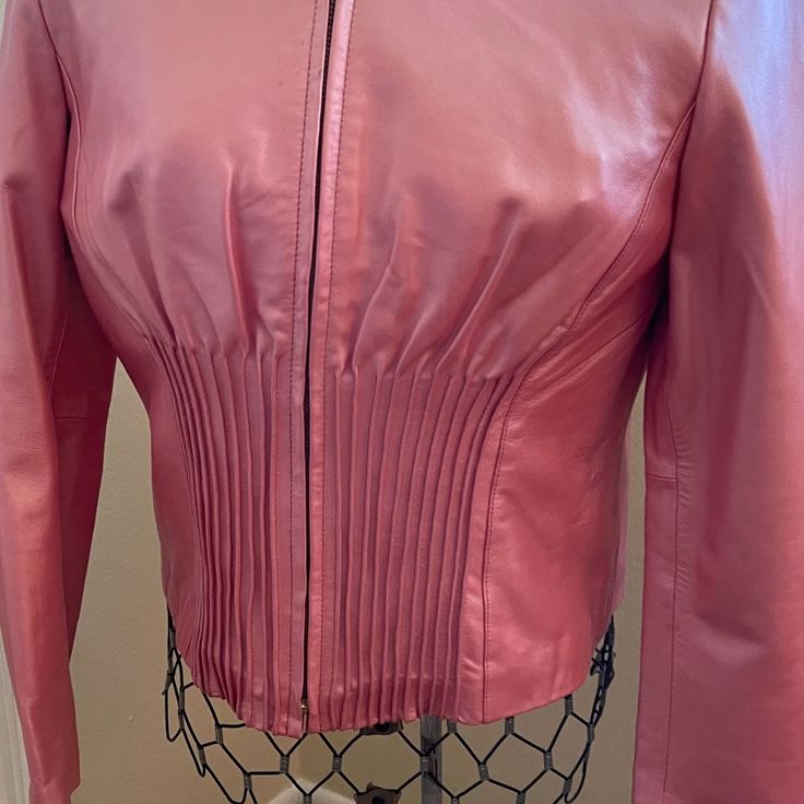 Leather Jacket, Pink/Pearl New Without Tags, Never Worn Spring Long Sleeve Leather Jacket For Evening, Formal Leather Jacket With Long Sleeves For Spring, Elegant Spring Leather Jacket, Formal Long Sleeve Leather Jacket For Spring, Spring Formal Leather Jacket With Zipper Closure, Elegant Leather Jacket For Spring, Elegant Long Sleeve Leather Jacket For Spring, Elegant Fitted Leather Jacket For Spring, Elegant Leather Jacket With Zipper Closure