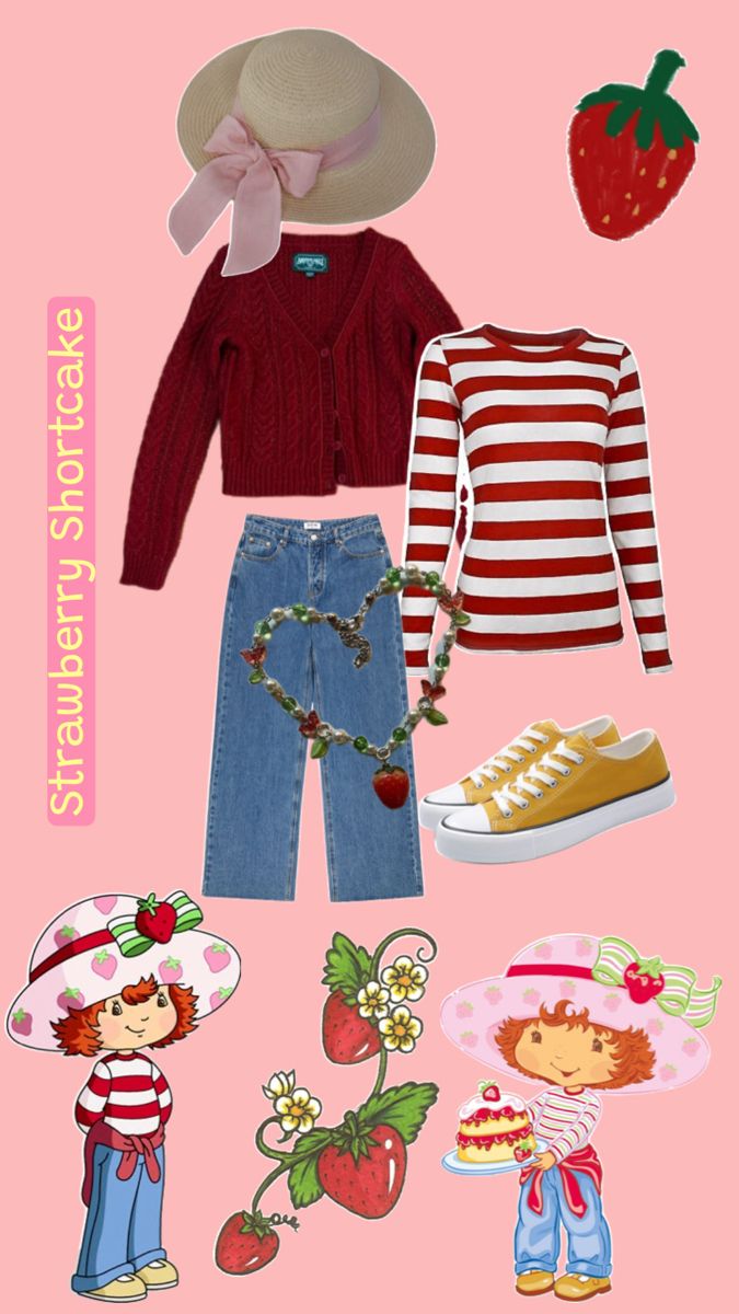 an assortment of clothing and accessories on a pink background with the words strawberry shorties written below it