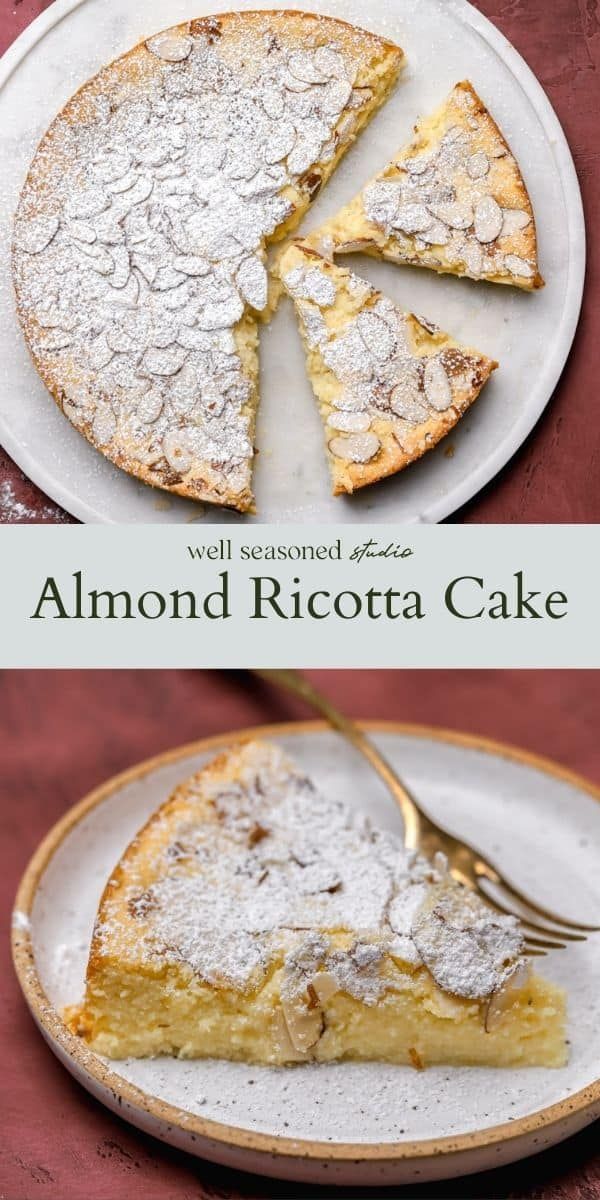 a plate with a slice of almond ricotta cake on it and the rest of the pie