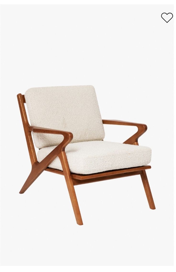 a white chair with wooden arms and legs