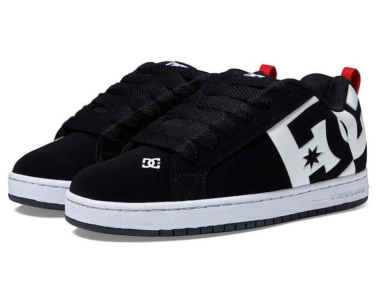 DC Court Graffik SQ - Men's Skate Shoes : Black/White/Red : Keep your style on point with the classic DC Court Graffik SQ skate shoes! Casual sneakers in a cushioned silhouette. Uppers of heavy-duty suede. Foam-padded tongue and collar for added comfort and support. Soft tricot lining for breathable wear. Perforations in upper breathability. Highly abrasion-resistant rubber cupsole offers long-lasting durability. Multi-tone bottom with DC's trademarked pill pattern offers grippy wear. Imported. Sporty Fade-resistant Skate Shoes For Skateboarding, Fade-resistant Lace-up Skate Shoes, Urban Fade-resistant Skate Shoes For Streetwear, Sports Skate Shoes With Rubber Heel Cap, Streetwear Sneakers With Padded Tongue And Round Toe, Casual Skate Shoes With Padded Tongue For Sports, Urban Skate Shoes With Fade-resistant Round Toe, Sporty Low-top Skate Shoes With Padded Tongue, Sporty Skate Shoes With Padded Tongue For Sports