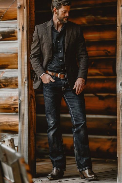 Nice Western Outfits For Men, Prom Western Wear Guys, Business Cowboy Attire, Old Western Aesthetic Outfits Men, Groom Western Outfit, Formal Country Outfit Men, Old Money Cowboy, Western Wedding Guest Outfit Men, Boots And Jeans Outfit Men