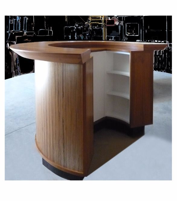 a curved wooden counter top with shelves on both sides and an open shelf in the middle