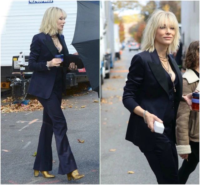 two pictures of a woman with blonde hair and wearing a black suit, holding an umbrella