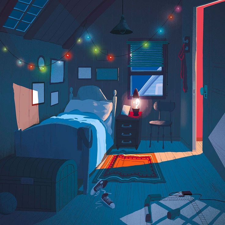 an illustration of a bedroom with a bed, desk and lamp in the corner at night