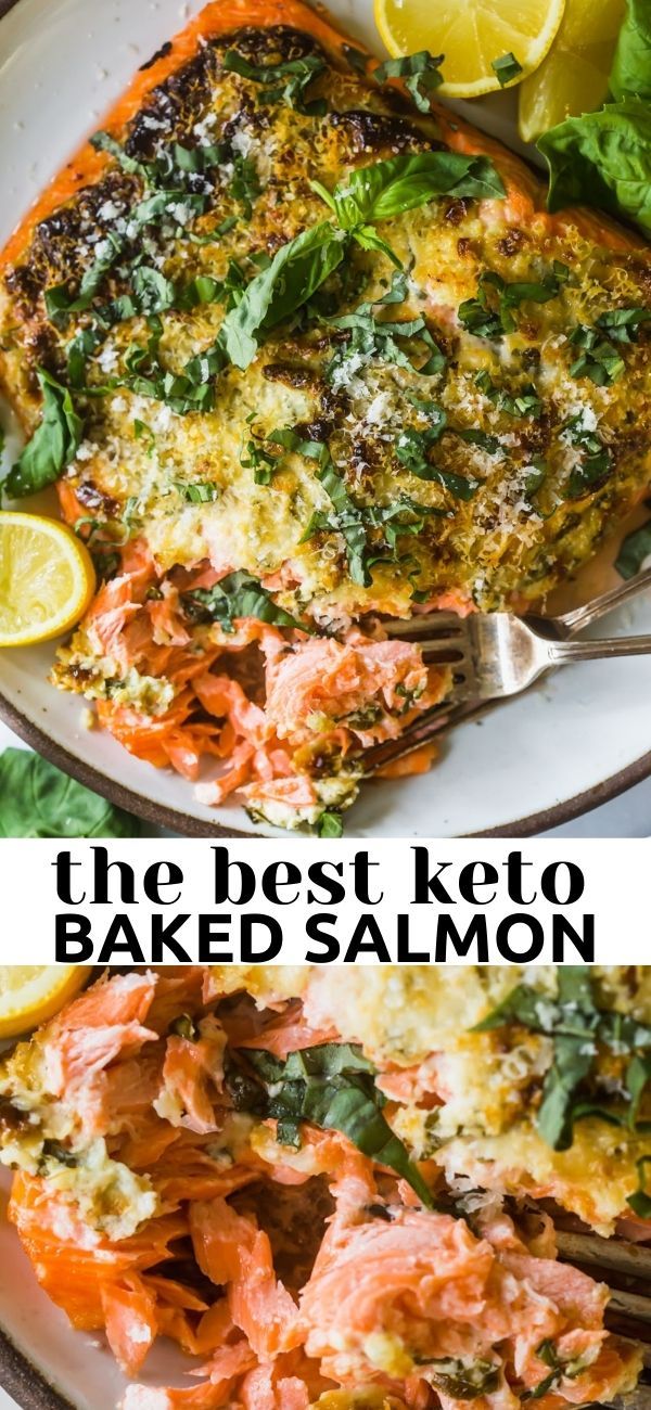 keto low carb ingredients baked salmon on a plate with lemons and herbs