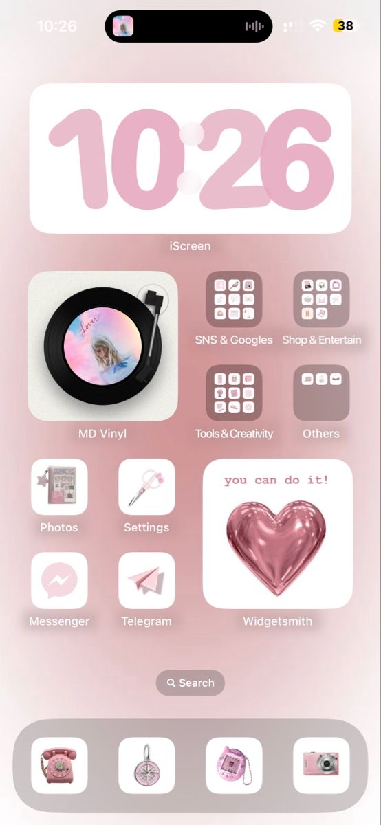 an iphone screen with various icons and buttons on the front, including a pink background