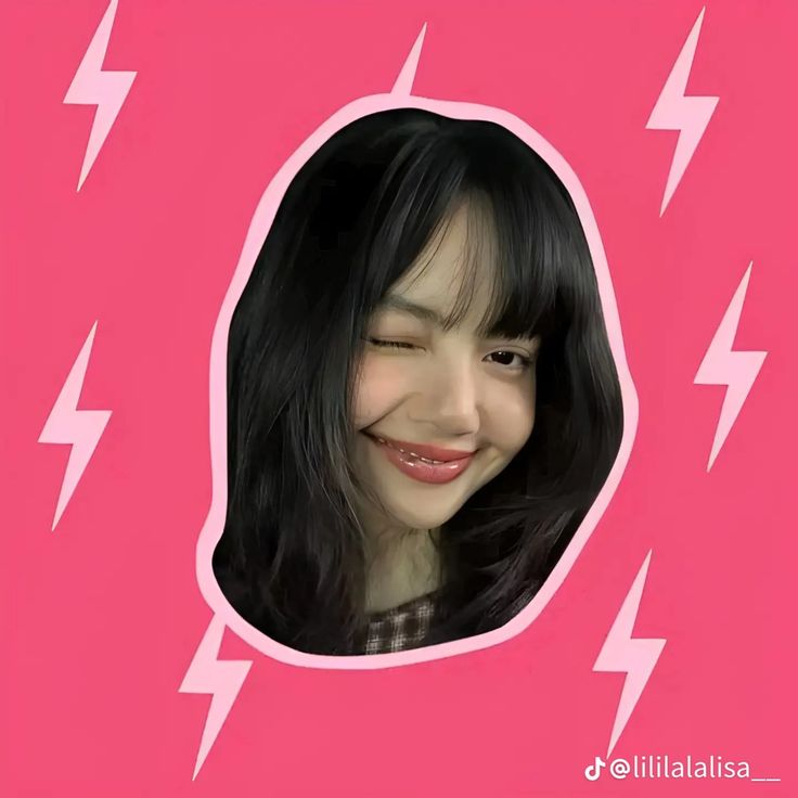 a girl with black hair is smiling and has pink lightnings around her head,