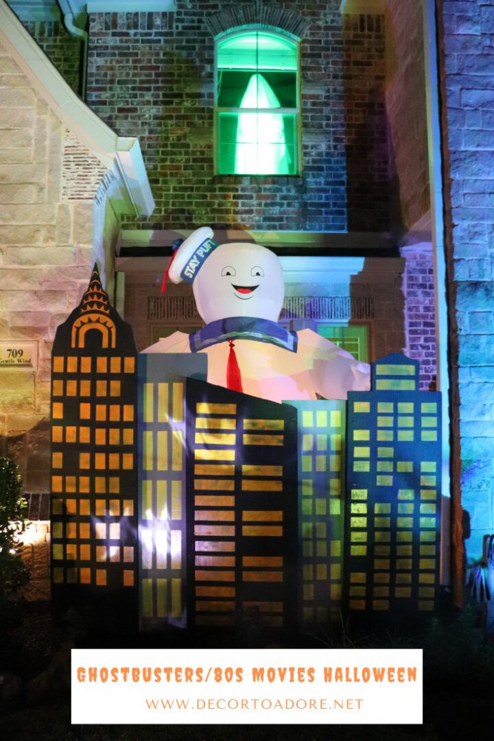 the ghostbuster's movie hall halloween decoration in front of a brick building