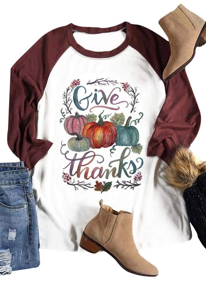 PRICES MAY VARY. Cotton Blend 进口 Pull On closure Material: Cotton Blend,Soft and Comfortable Women Pumpkin 3/4 Sleeve Round Neck Thanksgiving Casual T-Shirt Tops Great Choice To Match With Your Favorite Skinny Jeans Shorts or Leggings Etc Occasion: Perfect for Thanksgiving,Christmas,Casual Daily Wear, Outdoor, Party Etc Package:1*Womens Grateful Thankful Blessed 3/4 Raglan Casual Tee Size Chart: (1inch=2.54cm)  S: Length 67 cm/26.37"; Bust 96 cm/37.80"; Sleeve 48 cm/18.89"; Waist 94 cm/37.00"  M Thanksgiving Shirts For Women, Tops Blouse, Thanksgiving Shirts, Tops Fall, Halloween Women, Online Tops, Give Thanks, Casual Tee, Graphic Tees Women