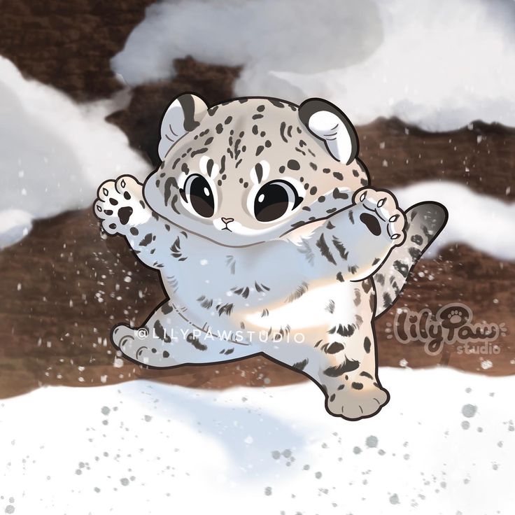 a snow leopard standing on its hind legs in the snow with it's paws up