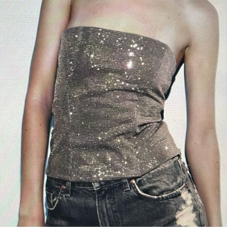 Rhinestone Zara Top Nwt Fitted Bling Tops For Night Out, Glamorous Bedazzled Fitted Tops, Glamorous Fitted Bedazzled Tops, Bedazzled Fitted Top For Night Out, Gray Summer Party Top, Gray Summer Party Tops, Summer Party Gray Top, Silver Party Top With Bling, Silver Bling Party Top