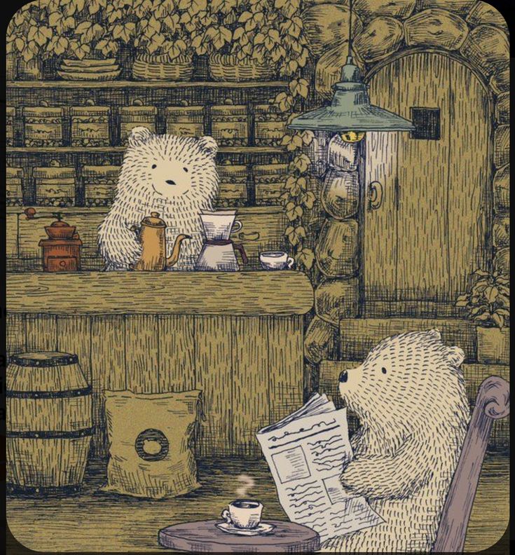 two teddy bears sitting at a table with tea cups and papers in front of them