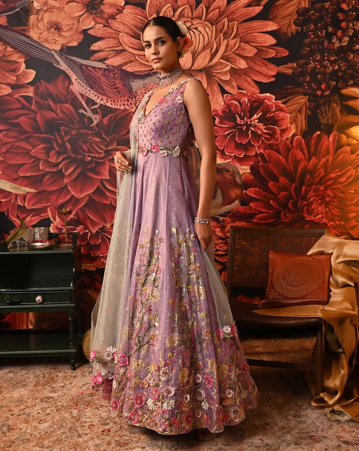 Pastel is never out of trend and so is the Anarkali. Combining the past regal elements with a modern hue, this floral anarkali crafted in lavender color and embroidery with flower motifs and cutwork brings sophistication and elegance which is referred by our modern women. Anarkali with silver & gold foil print highlighted with 3-D applique floral embroidery SS zip closure Cutwork with embroidery at the border of the dupatta Dori at the back with floral latkans. From Moledro’s Riwayat collection. Floral Anarkali, Butterfly Net, Flower Motifs, Gold Foil Print, Modern Women, Lavender Color, Cut Work, Foil Print, Anarkali