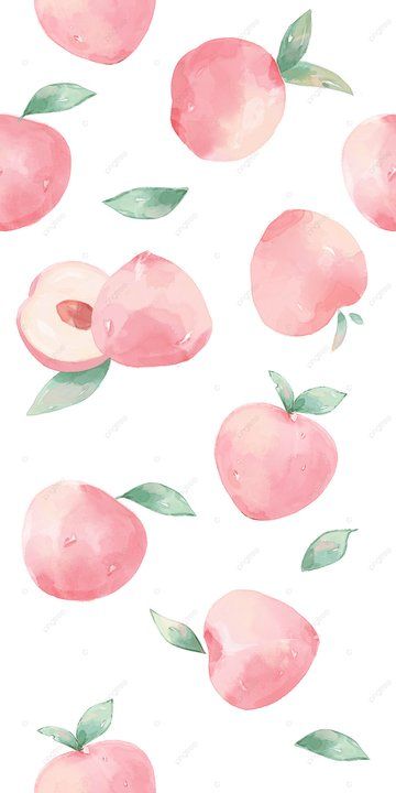 watercolor peaches and blueberries on a white background with leaves, flowers and berries