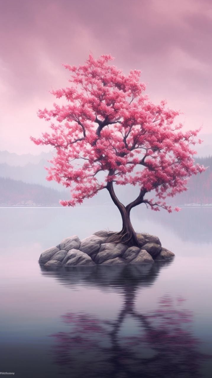 a pink tree sitting on top of a rock in the water